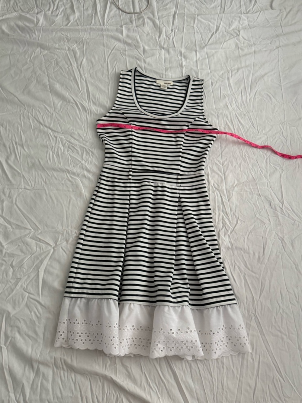 Navy White Striped Fit & Flare Dress Lace Hem Size Large